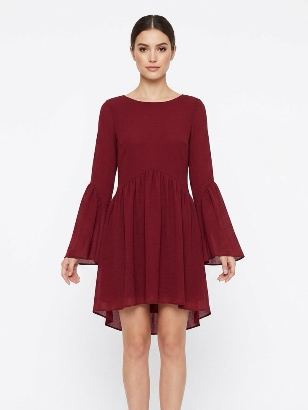 Buddy’s Love,  Burgundy Bell Sleeve High-Low Dress - S